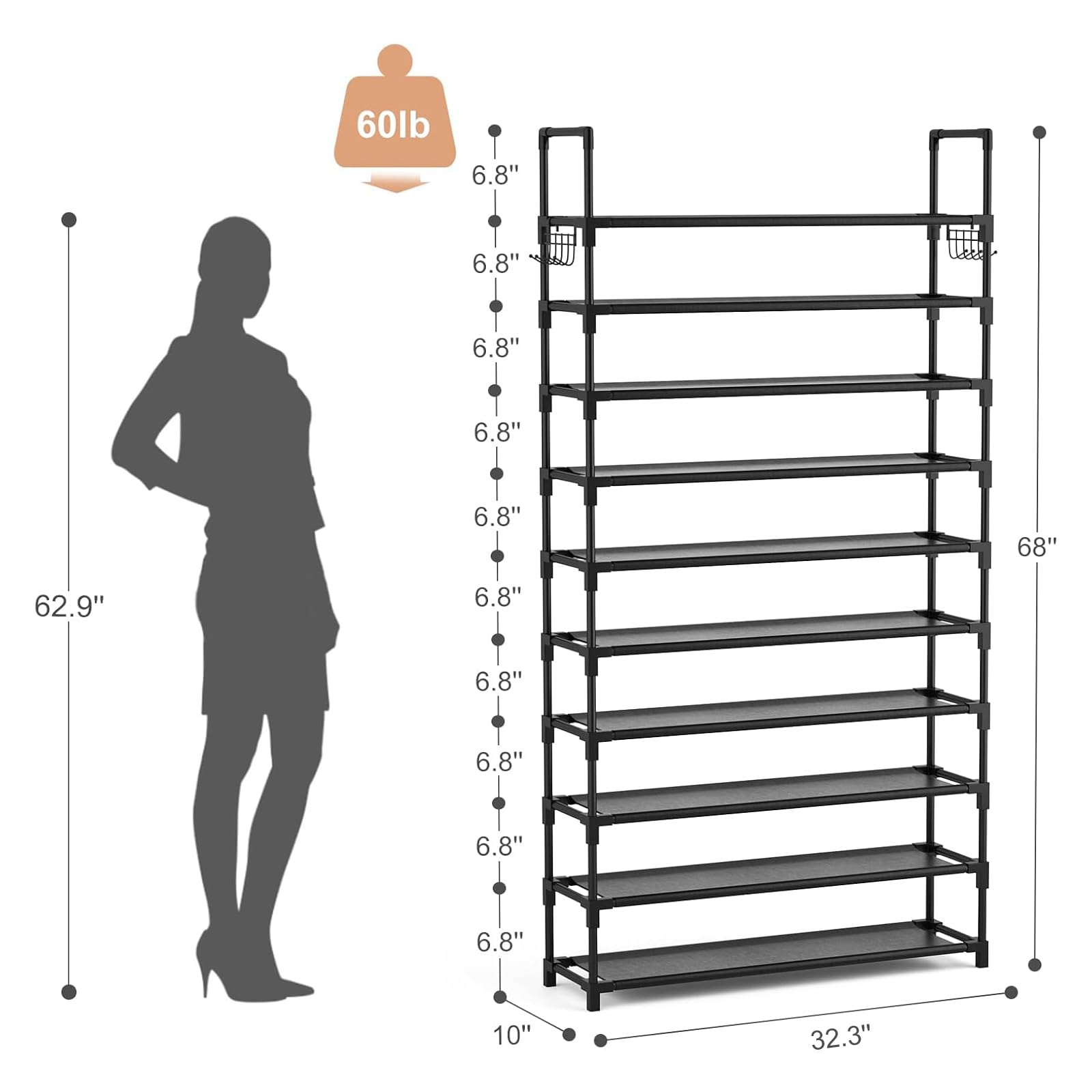 VTRIN 10 Tier Shoe Rack Tall Large Capacity Wide Shoe Organizer with Two Hooks Sturdy Metal Shoe