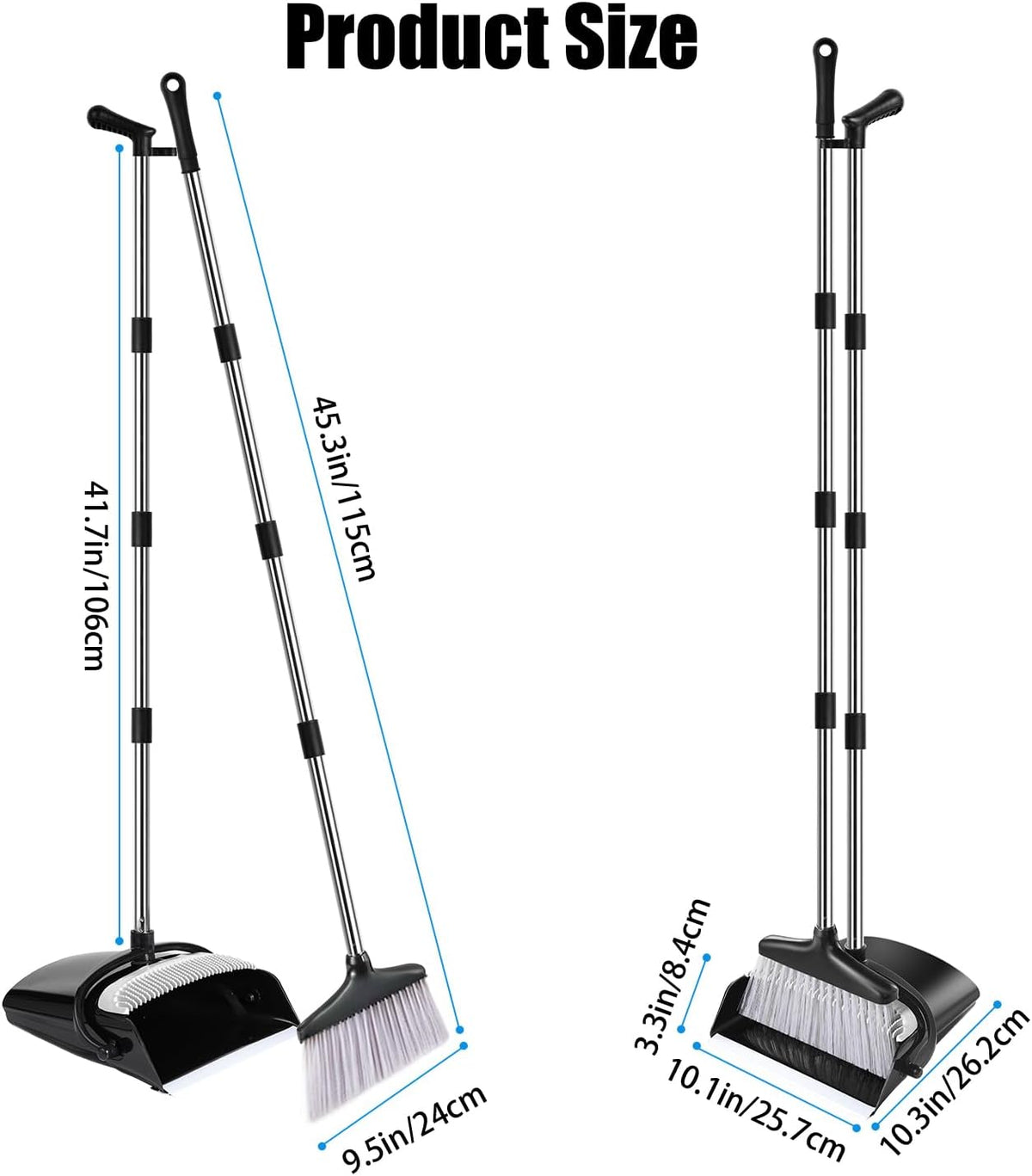 Broom and Dustpan Set with Long Handle and 6 Bonus Cleaning Tools, Upright Standing Combo with