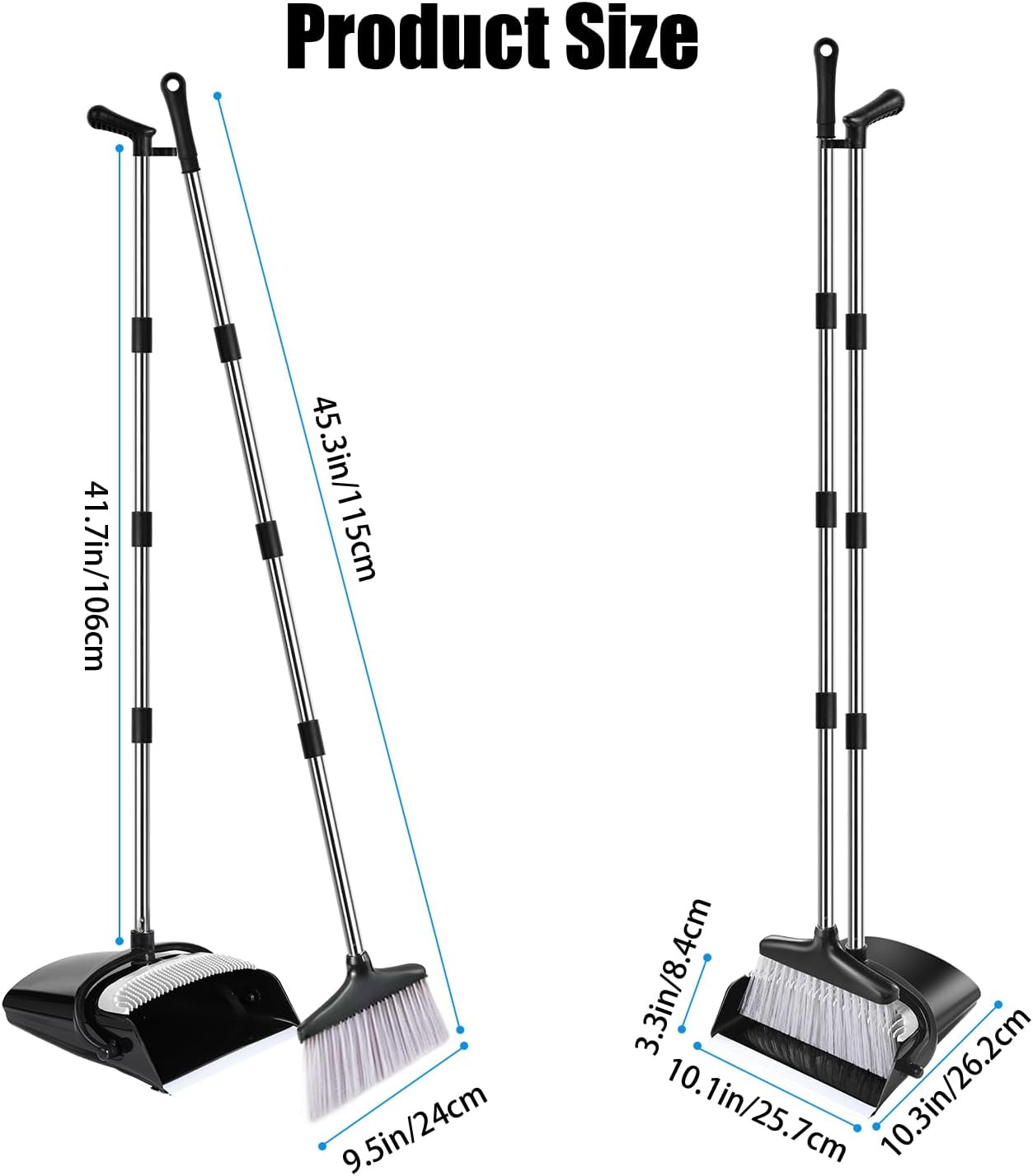 Broom and Dustpan Set with Long Handle and 6 Bonus Cleaning Tools, Upright Standing Combo with
