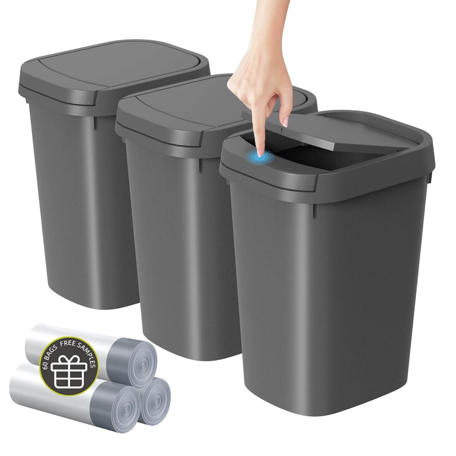 3 Pack Bathroom Small Trash Can with Lid, 2.6 Gallon Slim Garbage Bin with Pop-Up Lid, 10L Plastic