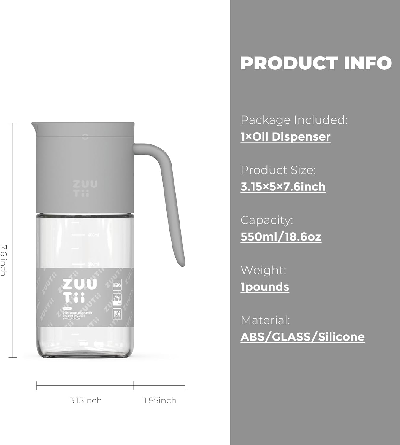 Zuutii Olive Oil Dispenser Bottle 18.6oz – Auto Flip Glass Vinegar Bottle with No-Drip Spout for