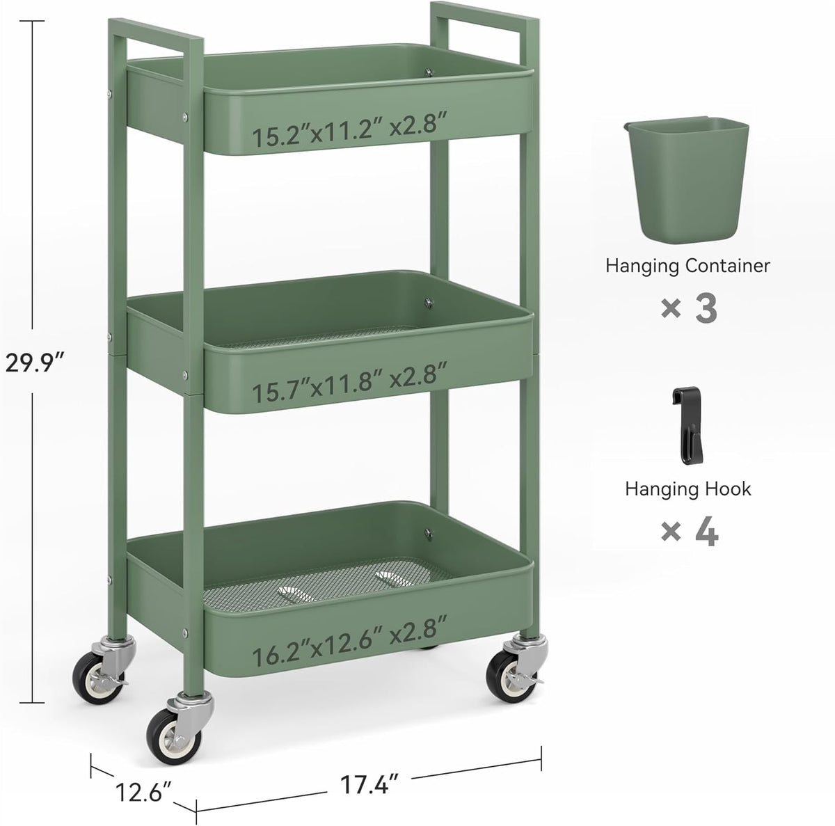 3 Tier Rolling Cart,Utility Cart with Locking Wheels, Hanging Cups,&Hooks, Heavy Duty Metal Storage