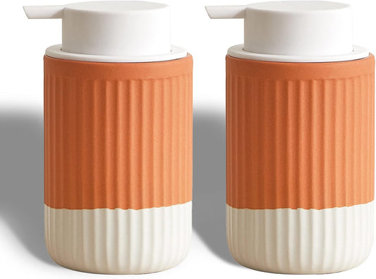 2 Pack Hand Dipped Terracotta Ceramic Foam Soap Dispenser, 12 oz Rippled Bubble-Up Bottle with