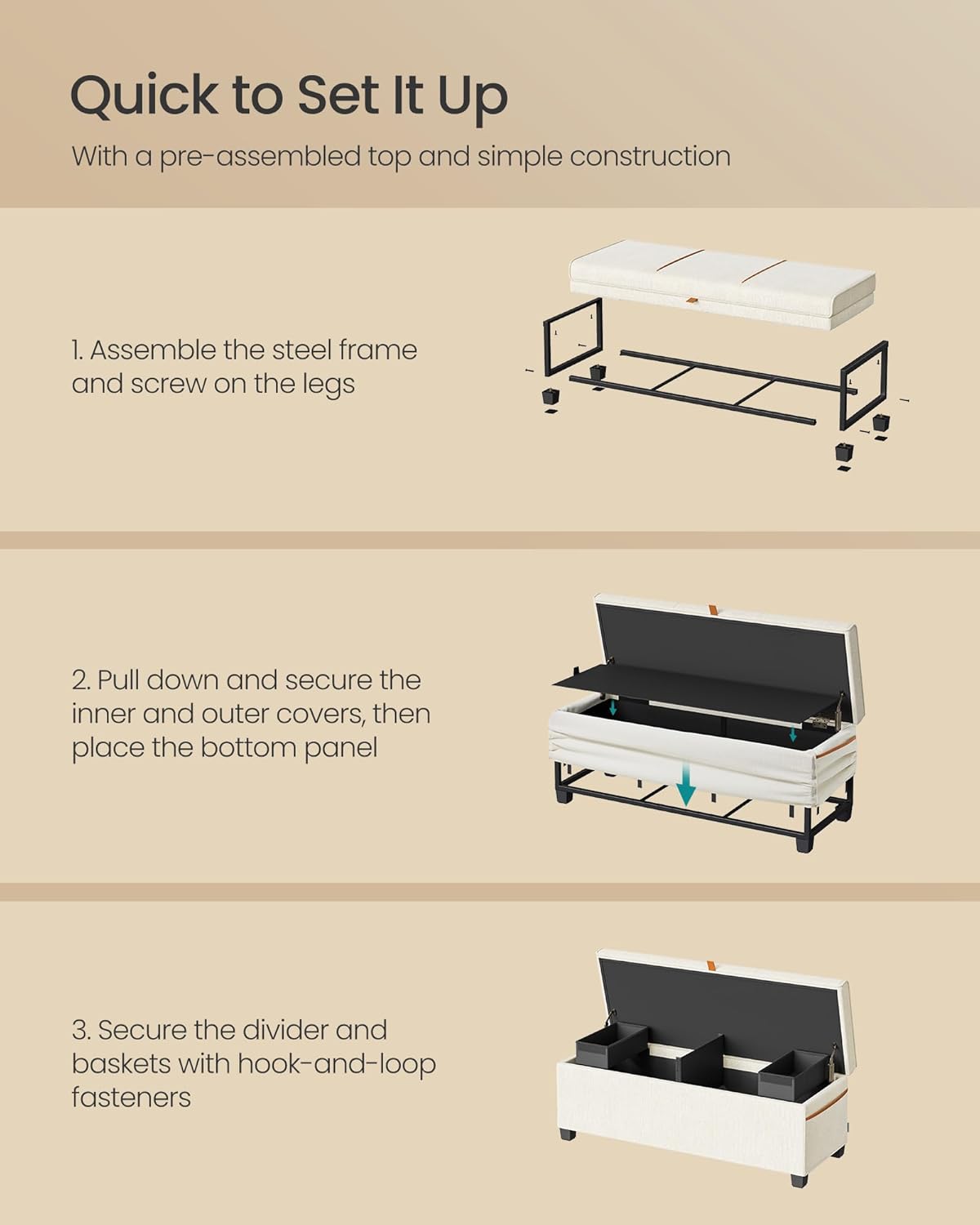 SONGMICS Storage Ottoman Bench, Storage Chest, 15.7 x 43.3 x 15.7 Inches, End of Bed Bench, 27 Gal.