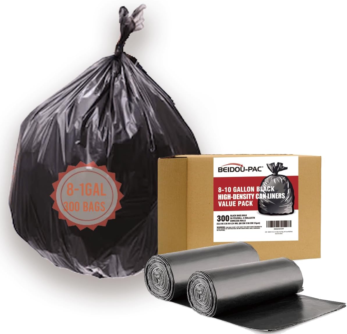 8-10 Gallon Trash Bags, 300 Count Black Garbage bags, Multi-purpose Trash Can Bin Liners for