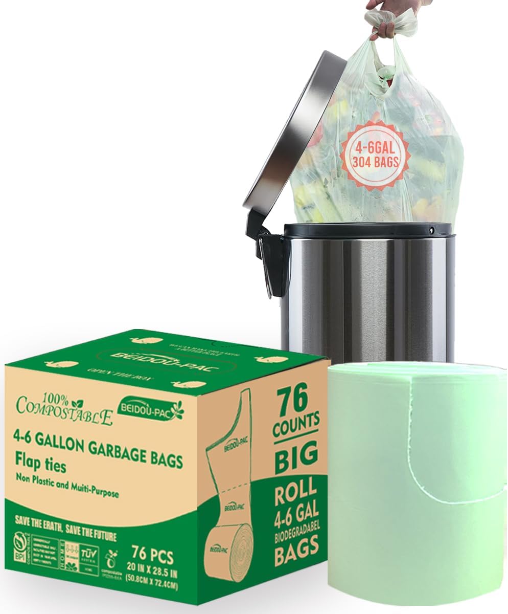 4-6 Gallon Flap Tie Compostable Trash Bags, 76 Count, Kitchen Compost Bags, Sturdy Biodegradable