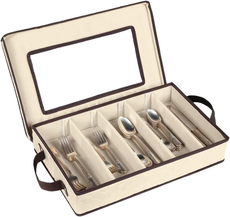 Flatware Storage Case - Durable 5 Compartment Silverware Storage Container Box with Removable Lid