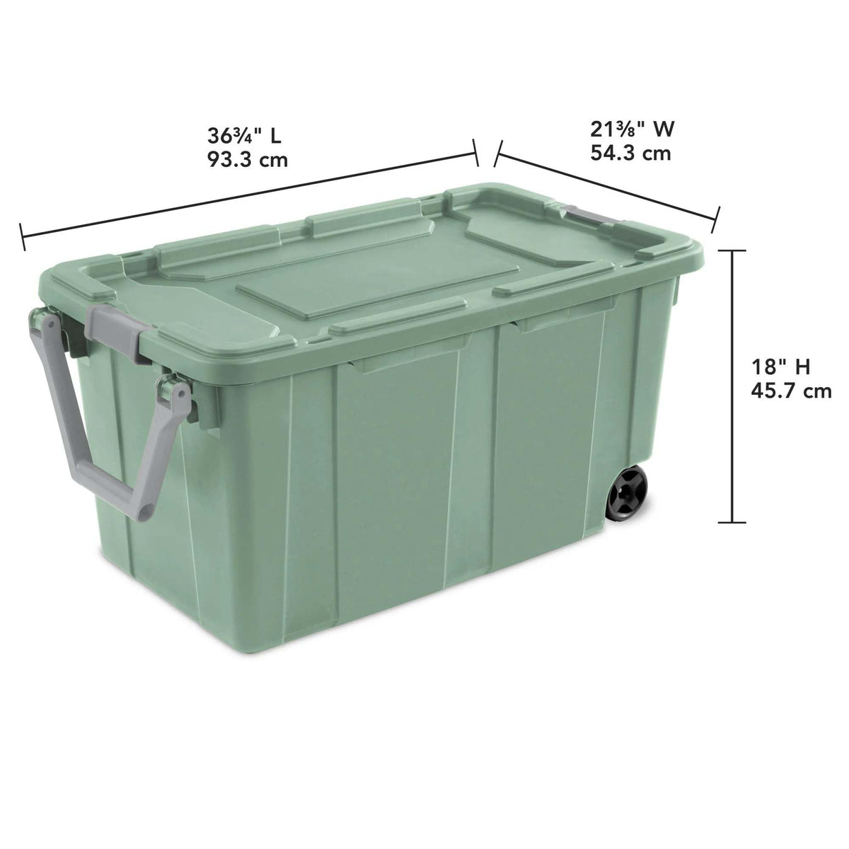 Ratiyae 40 Gallon Wheeled Industrial Tote, Rugged Plastic Storage Bin, Latch Lid, Light Green, 2