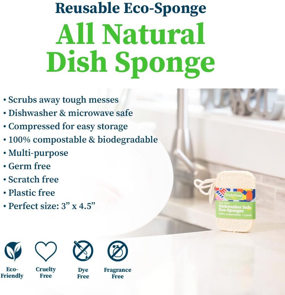 Truly Free Natural Cleaning Sponges, 100% Organic Luffa Dish Scrubber, Plant-Based Compostable