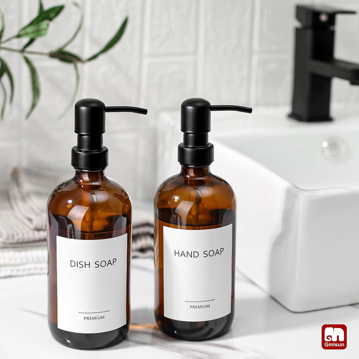 GMISUN Amber Glass Soap Dispenser, 4 Pack Bathroom Hand Soap Dispensers with Stainless Steel Pump