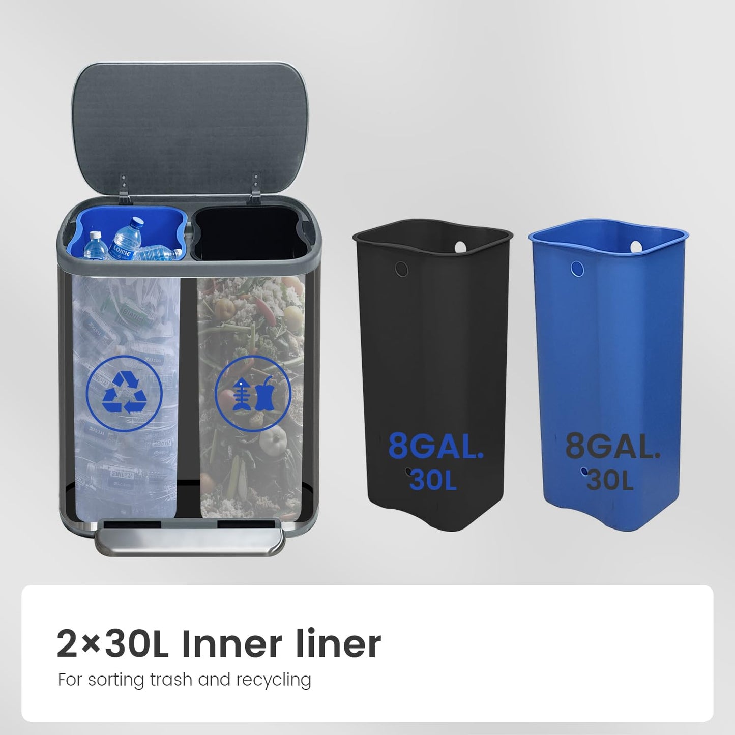 Kitchen Trash Can 16 Gallon, 2 x 30 Liters Trash and Recycle bin Combo, Dual Compartment & Soft
