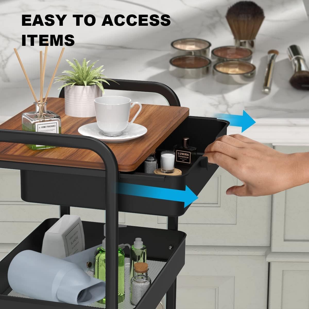 3 Tier Rolling Cart with Drawer, Metal Utility Cart on Wheels Storage Cart with Wood Top, Kitchen