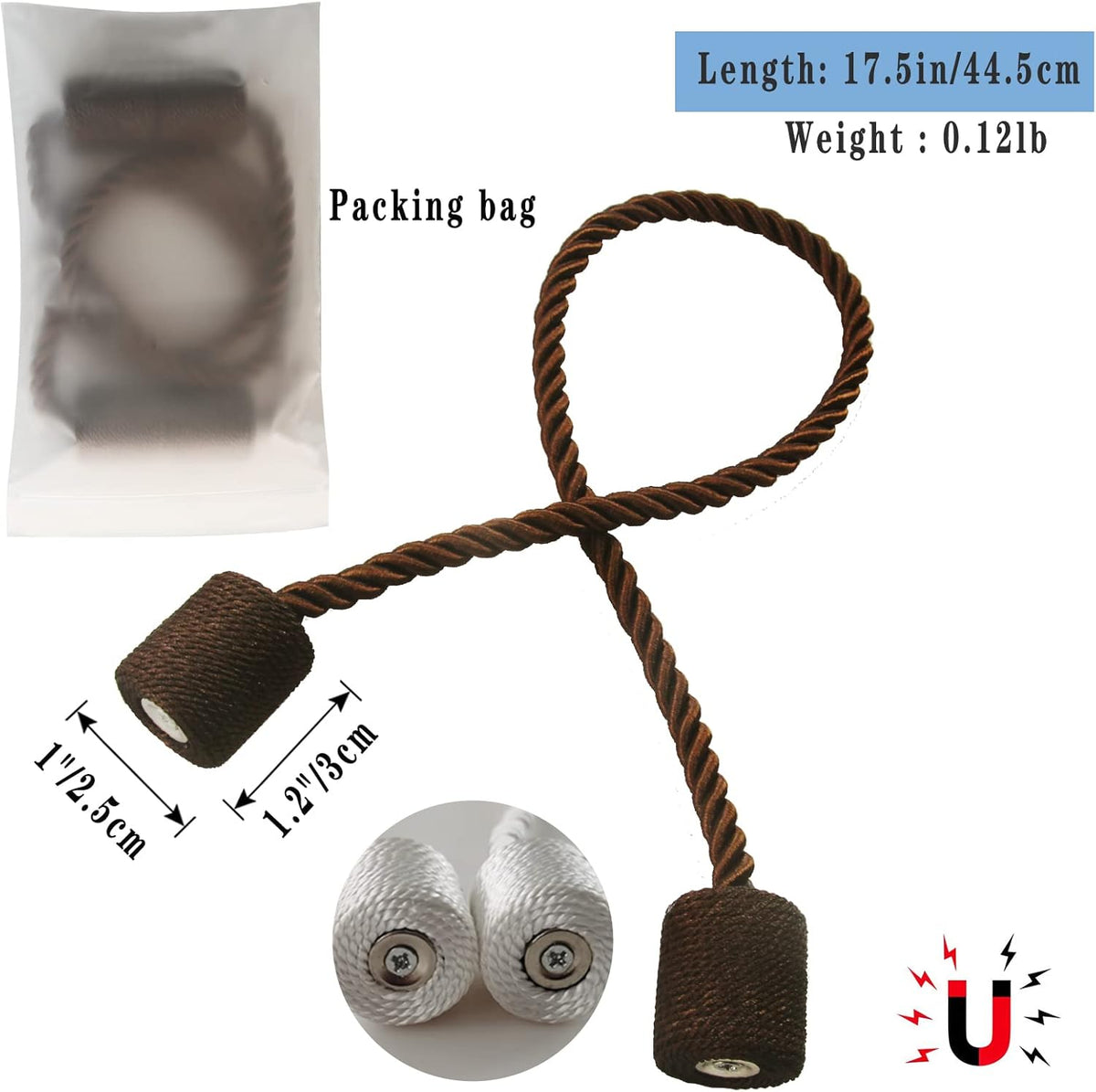 Magnetic Curtain Tiebacks 4 Pack Coffee Curtain Rope Tieback Curtain Holders for Drapes Modern Tie