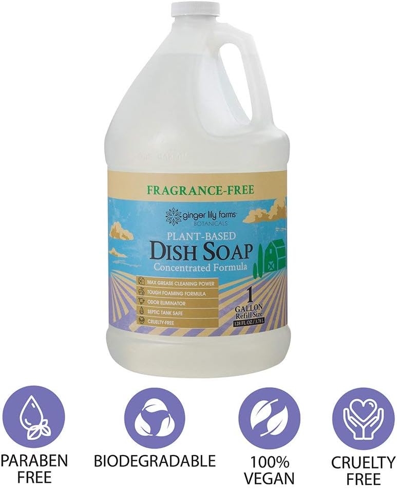 Ginger Lily Farms Botanicals Plant-Based Liquid Dish Soap, Concentrated Formula with Max Grease