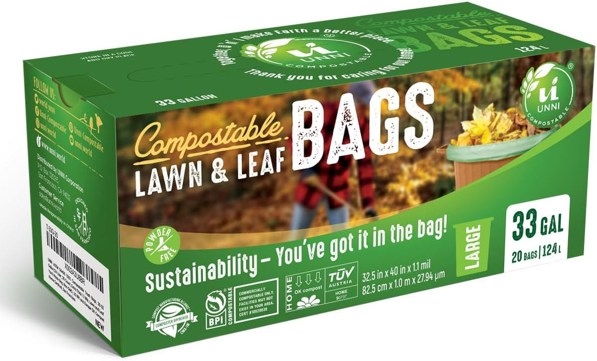 UNNI Compostable Lawn & Leaf Bags, 30-33 Gallon / 124 Liter, 40 Count Value Pack, Extra Thick 1.1