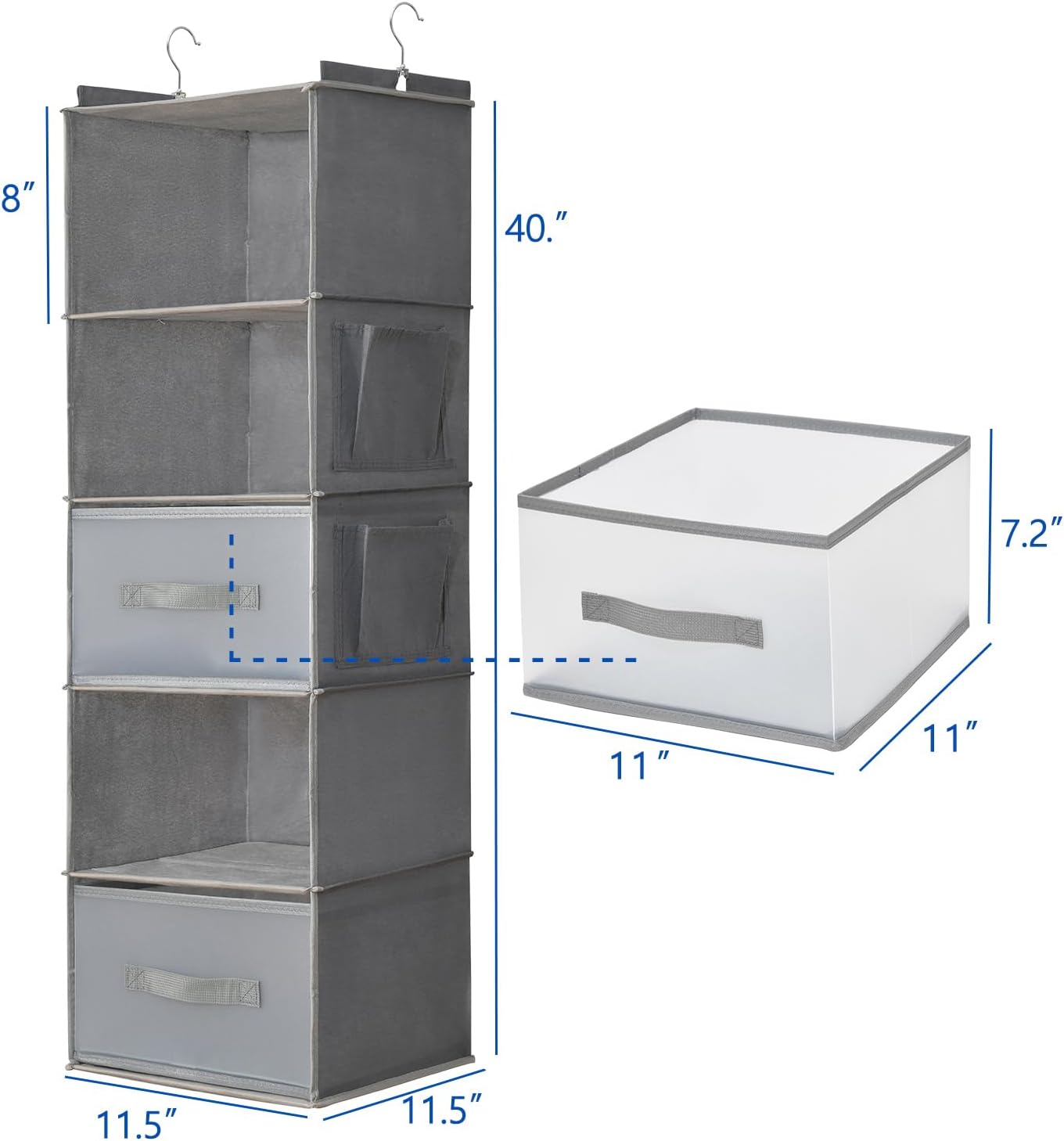 5-Tier Hanging Organizer for Closet, Fabric Closet Organizer with 2 Hooks, 2 Pull-Out Drawers
