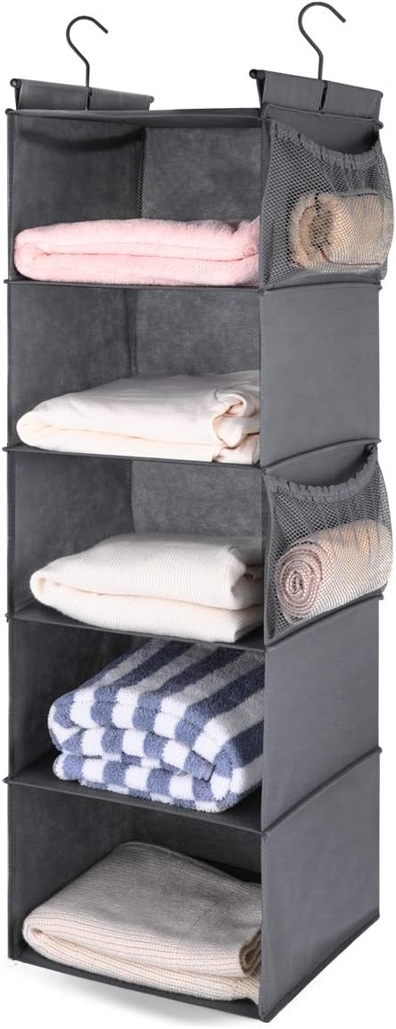 MAX Houser 5 Shelf Hanging Closet Organizer, Space Saver, Cloth Hanging Shelves with 4 Side