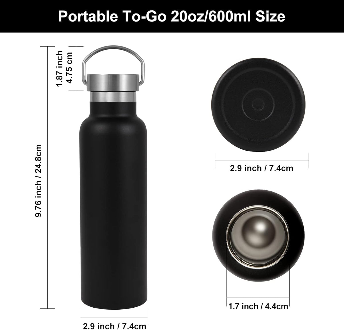 Neihepal 20 oz Insulated Water Bottles Bulk 4 Pack,Stainless Steel Double Wall Sport Bottle with
