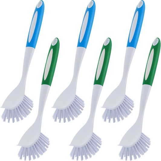 Hsei 6 Pcs Blue and Green Kitchen Scrub Dish Brush Bulk with 11 Inch Anti Slip Handle Cleaning Dish