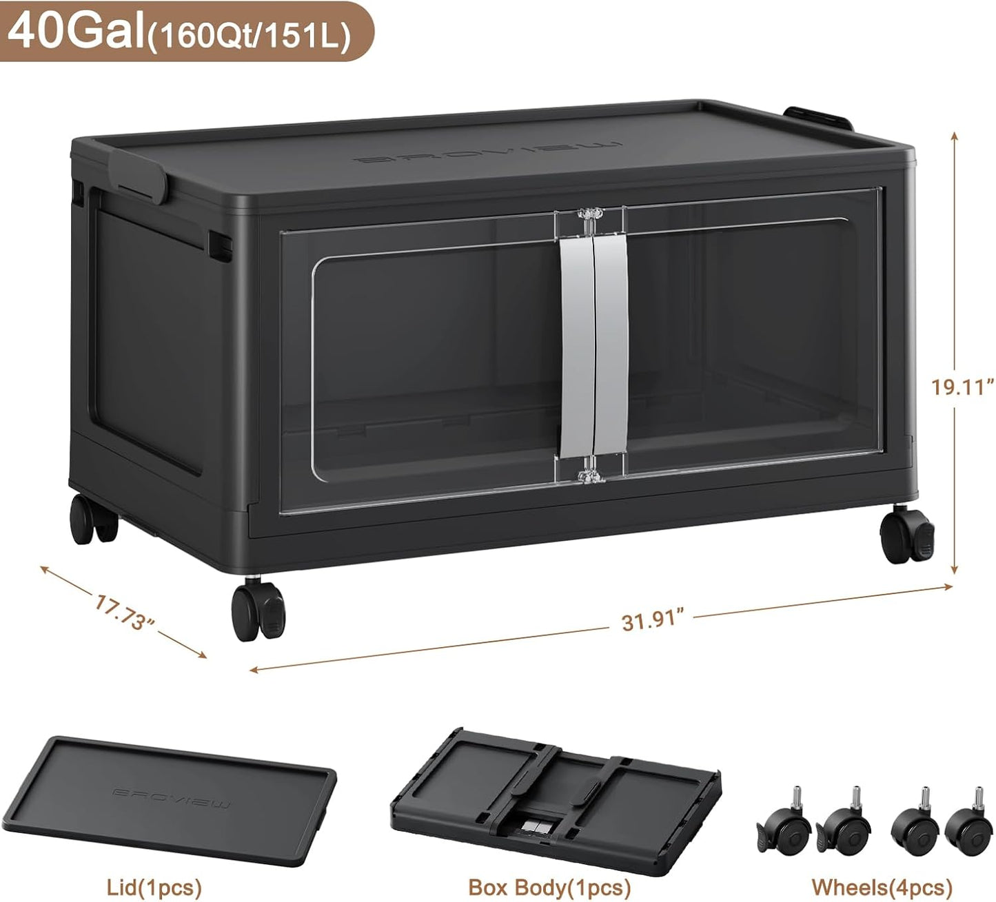 BROVIEW 160QT Stackable Storage Bins with Lids, 40Gal Extra Large Collapsible Storage Box with