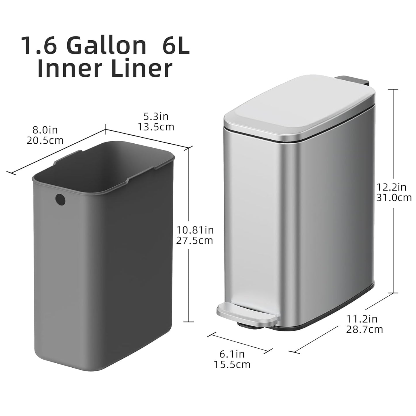 KUK Slim Bathroom Trash Can with Lid, 1.6 Gal / 6L Stainless Steel Small Garbage Bin with
