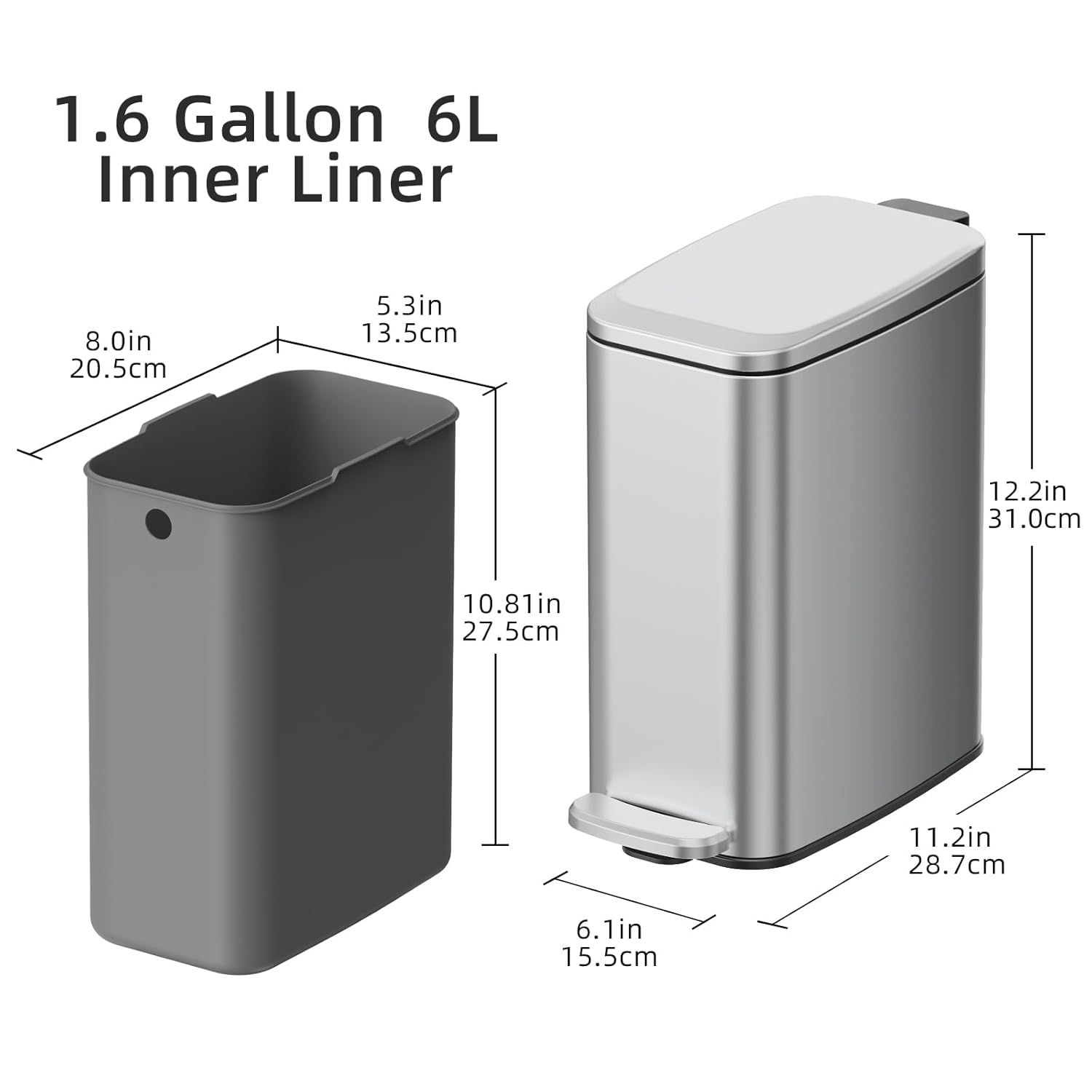 KUK Slim Bathroom Trash Can with Lid, 1.6 Gal / 6L Stainless Steel Small Garbage Bin with