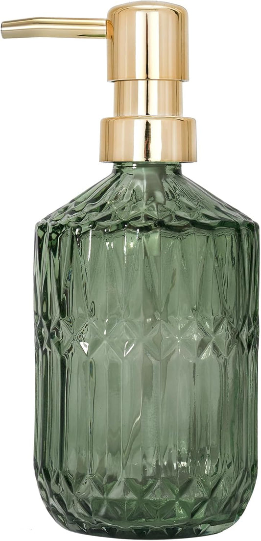 Glass Soap Dispenser Green Bottle Gold Plastic Pump Refillable Kitchen Sink Countertop Hand Dish