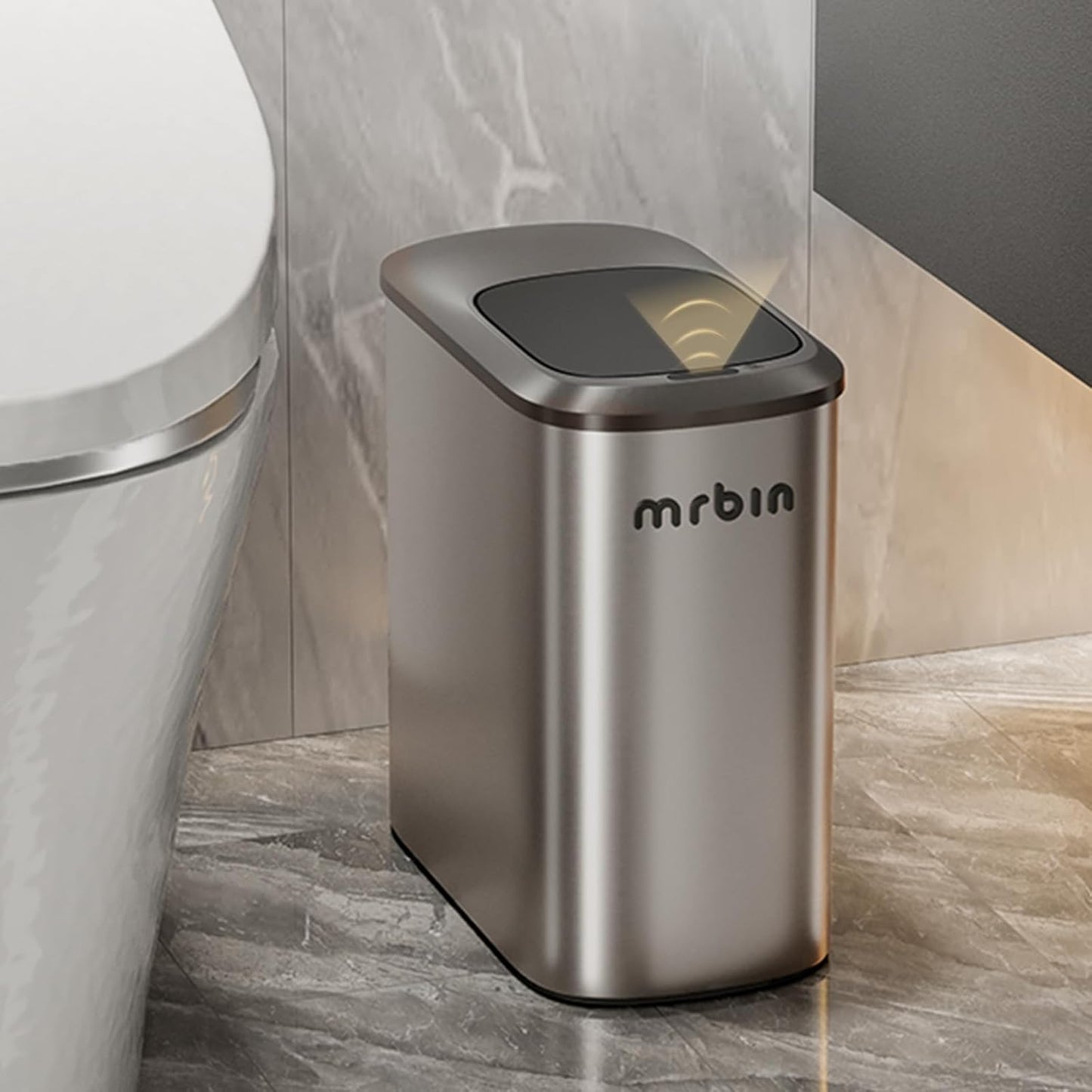 MRBIN Stainless Steel Motion Sensor Bathroom Trash Can, 10L / 2.6gal Slim Smart Toilet Waste Basket