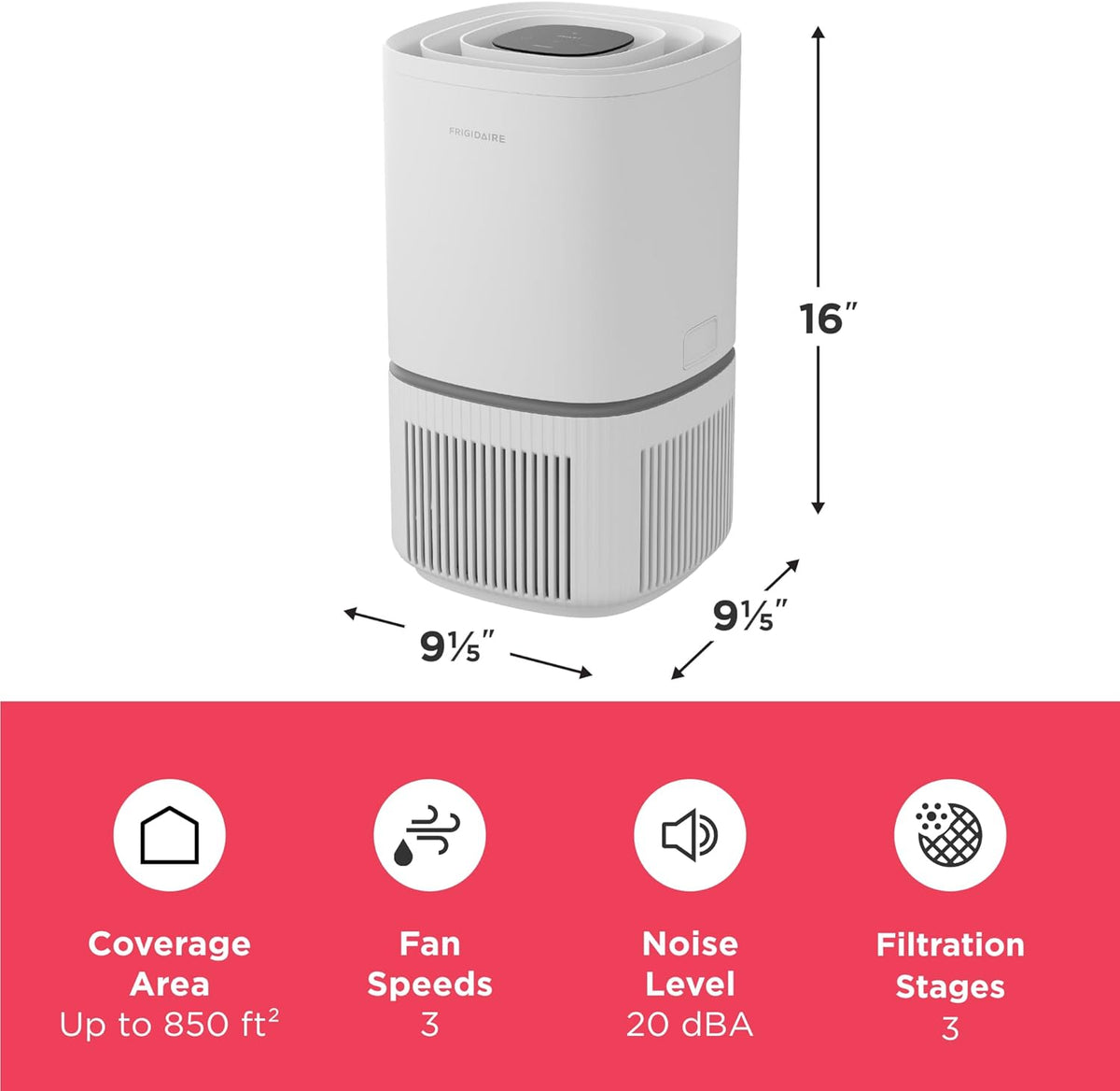Frigidaire PureA300 HEPA Air Purifier for Small Bedrooms, Covers up to 850 Sq. Ft., 3-Stage