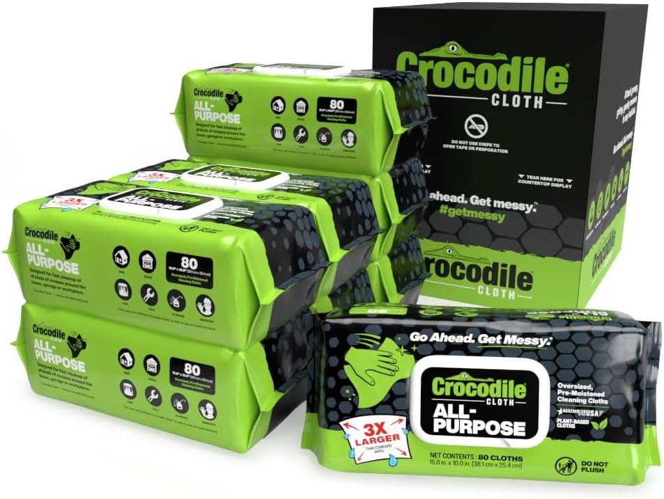Crocodile Cloth All-Purpose Cleaning Wipes – 8 Pack/640 Total Count, 15"x10" Extra Large
