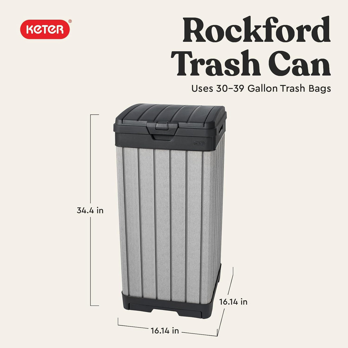 Keter Rockford Resin 38 Gallon Outdoor Kitchen Trash Can with Lid and Drip Tray for Easy