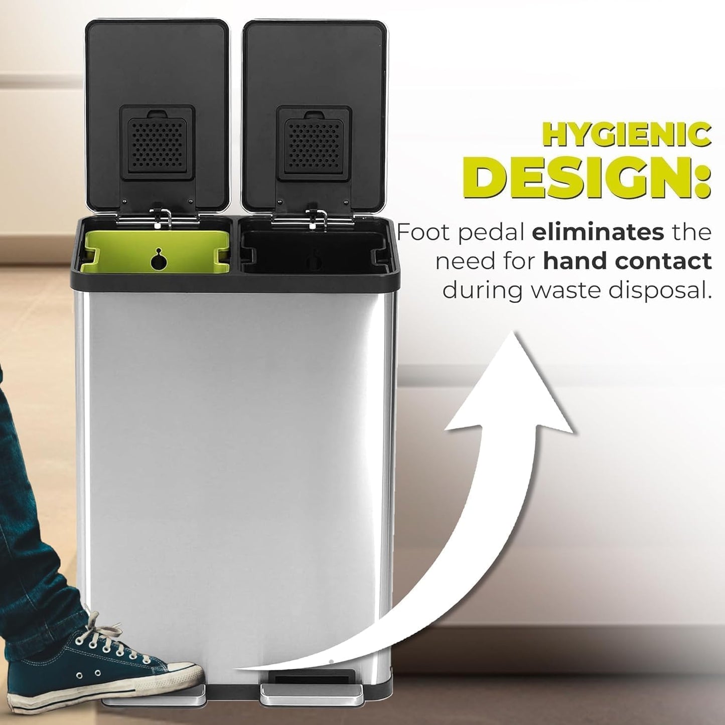Simpli-Magic 16 Gallon (30L x 30L) Dual Compartment Step Trash Can – Kitchen Garbage Can with