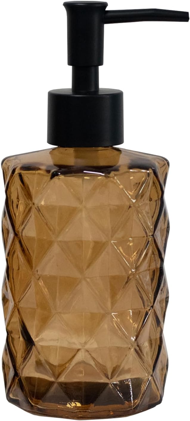 Brown Bathroom Soap Dispenser with Black Plastic Pump, 12oz Glass Lotion Dispenser, Crystal Hand