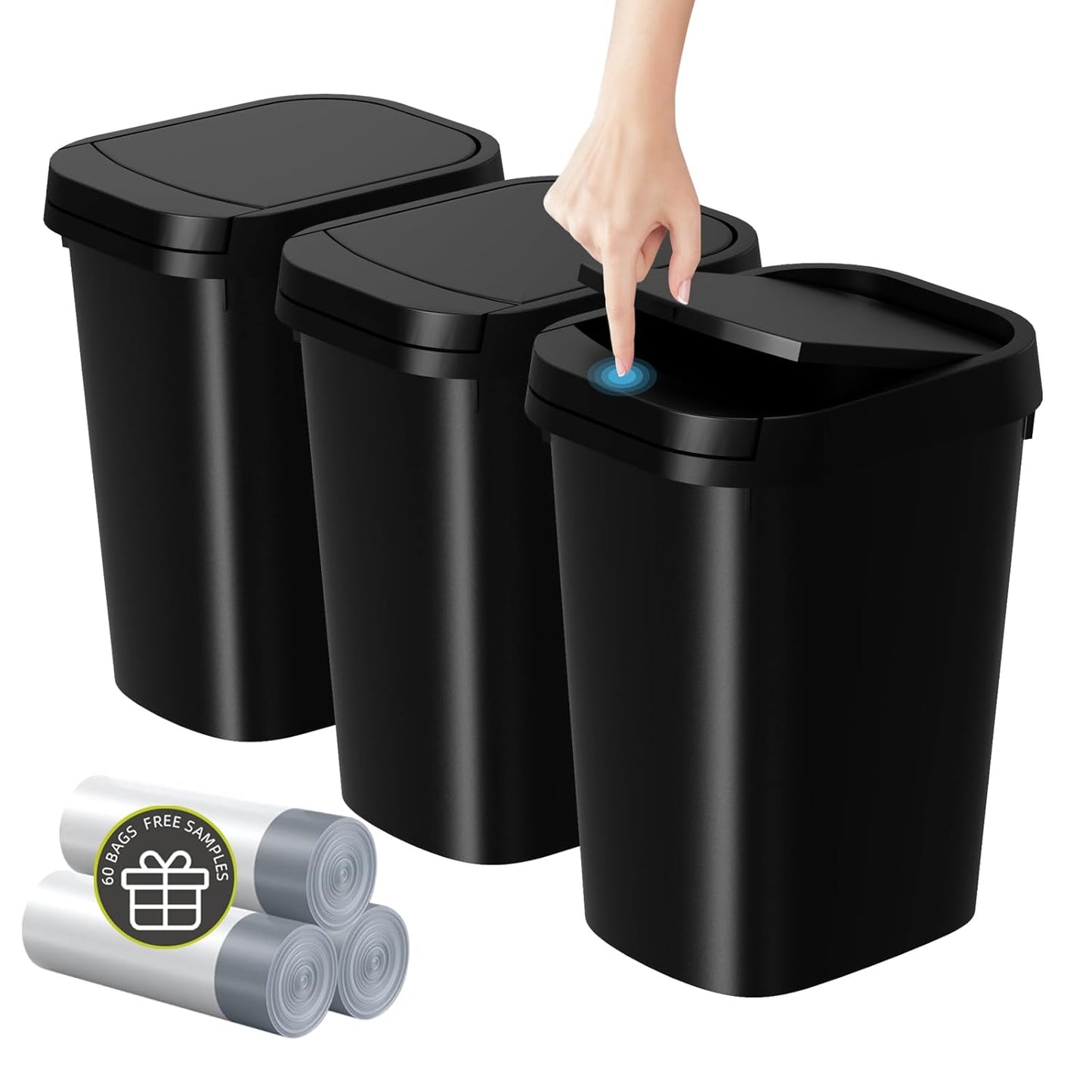 3 Pack Bathroom Small Trash Can with Lid, 2.6 Gallon Slim Garbage Bin with Pop-Up Lid, 10L Plastic