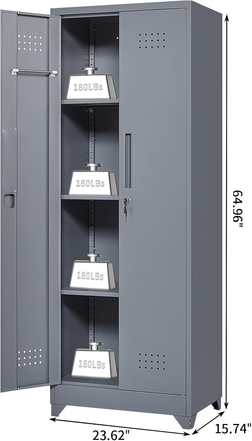 Broom Closet Storage Cabinet, Steel Locking Cabinet with Hanging Rod, 65" Cleaning Storage with