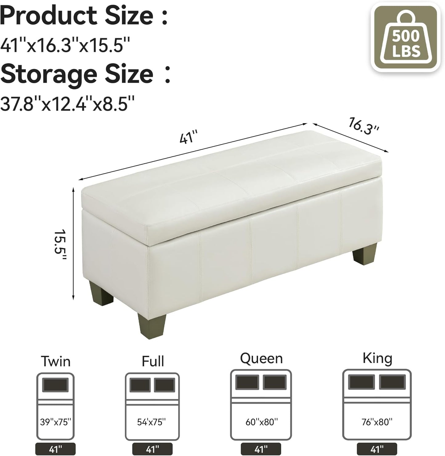 41" Faux Leather Storage Ottoman, Stitch Tufted Rectangle Upholstered End of Bed Storage Bench