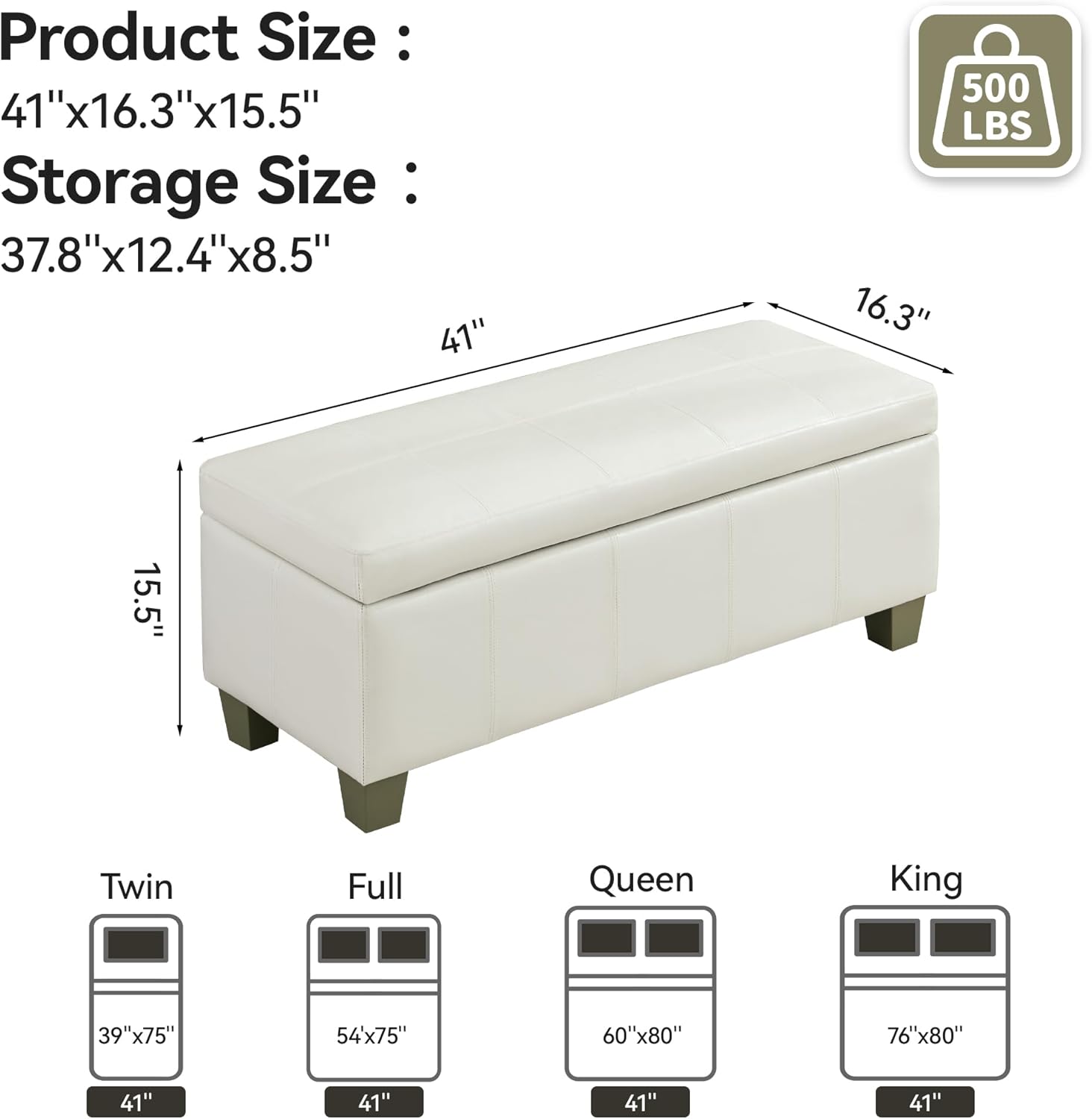 41" Faux Leather Storage Ottoman, Stitch Tufted Rectangle Upholstered End of Bed Storage Bench