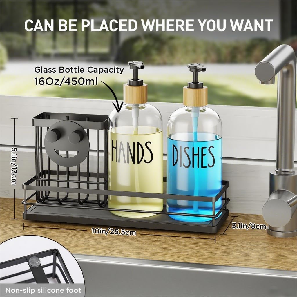 Moforoco Kitchen Dish Soap Dispenser Set, 16OZ Glass Bottle, Hand and Dish Soap Dispenser Set