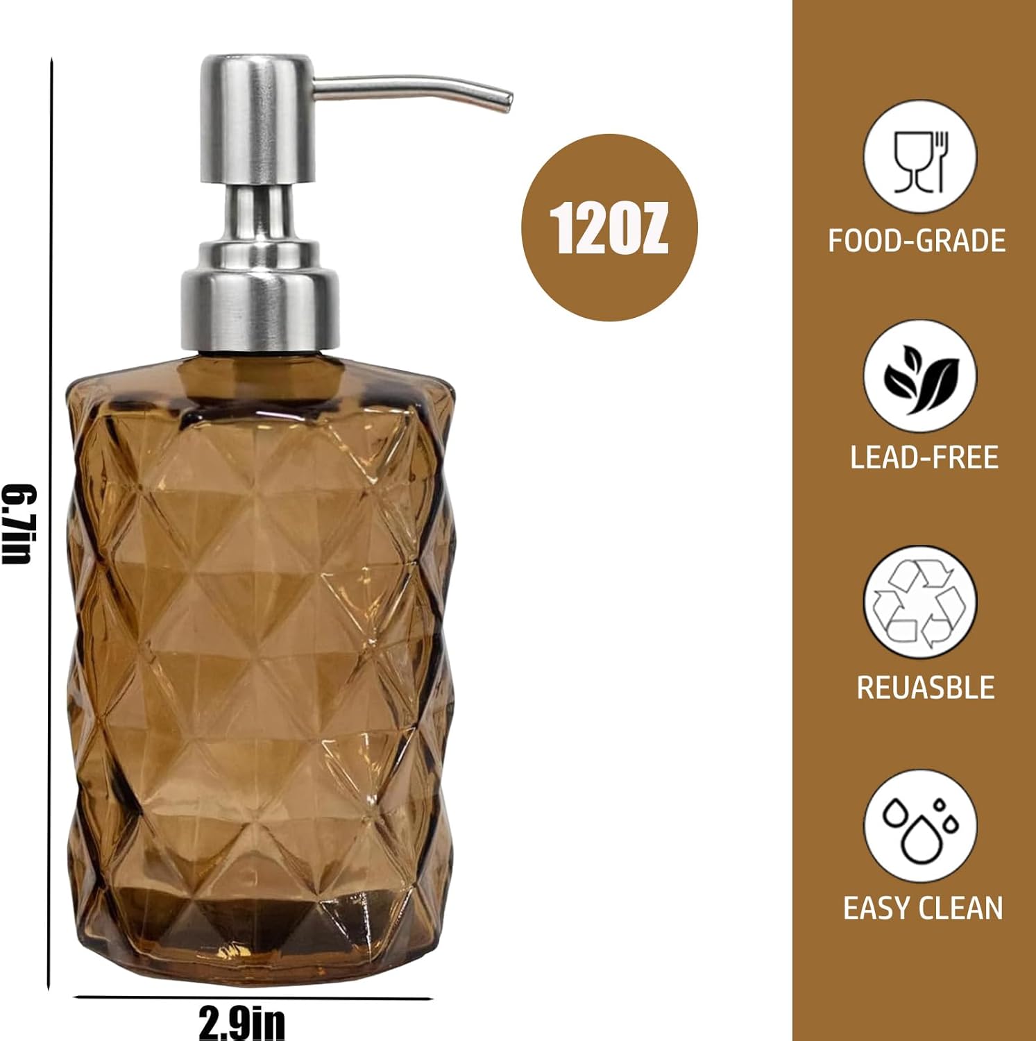 12Oz Brown Glass Soap Dispenser with Stainless Steel Pump, Refillable Kitchen Liquid Hand Soap