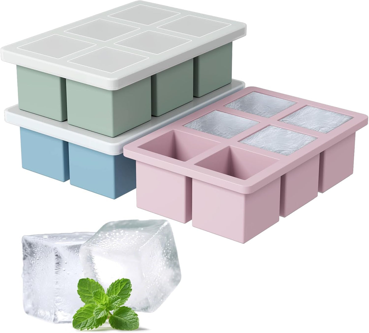 Large Silicone Ice Cube Tray 3Pack, SAWNZC Big Square Ice Cube Molds for Whisky Cocktail, Ice Maker