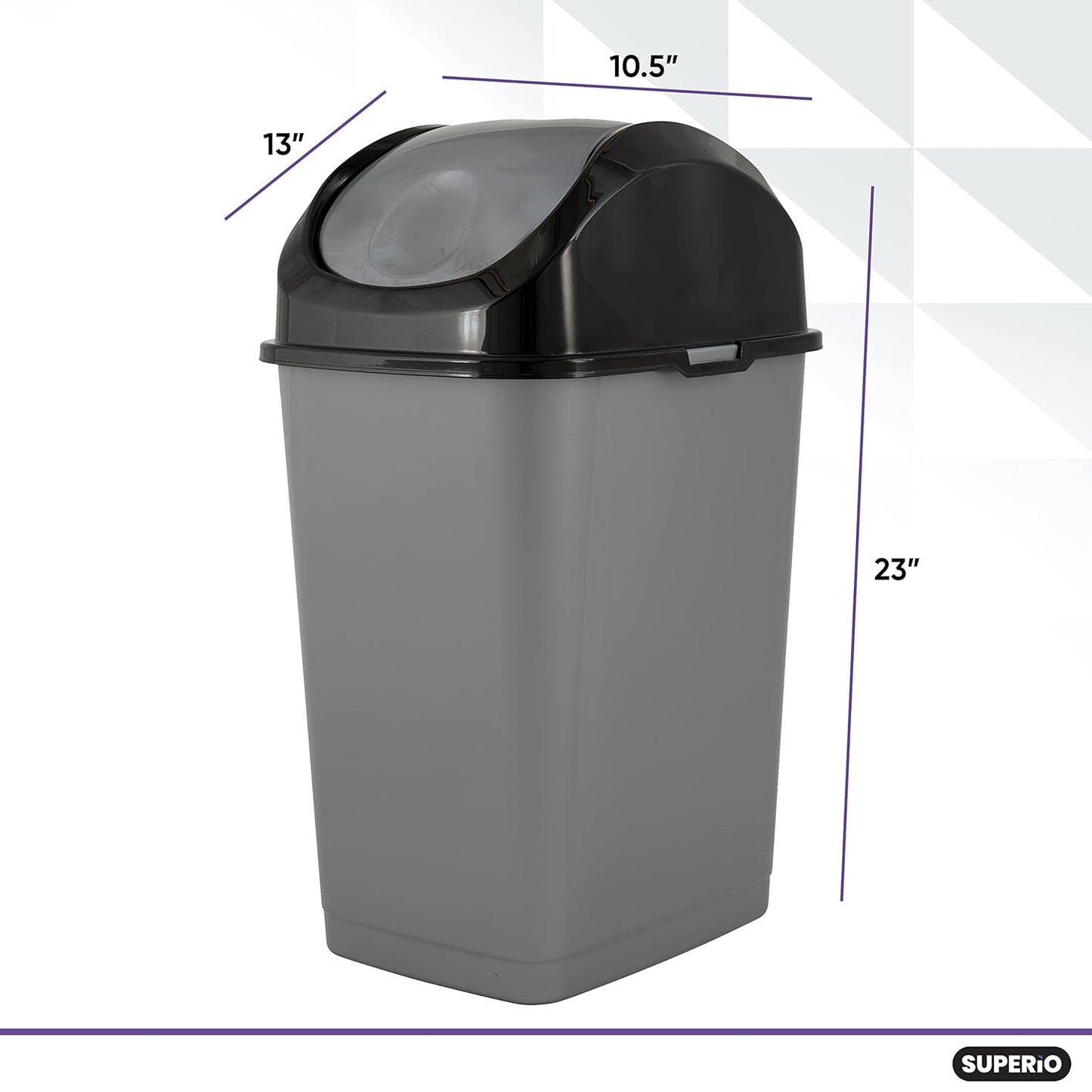 Superio Trash Can with Swing Top Lid 9 Gallon, Grey and Black Slim Waste Bin Durable Plastic 37 Qt