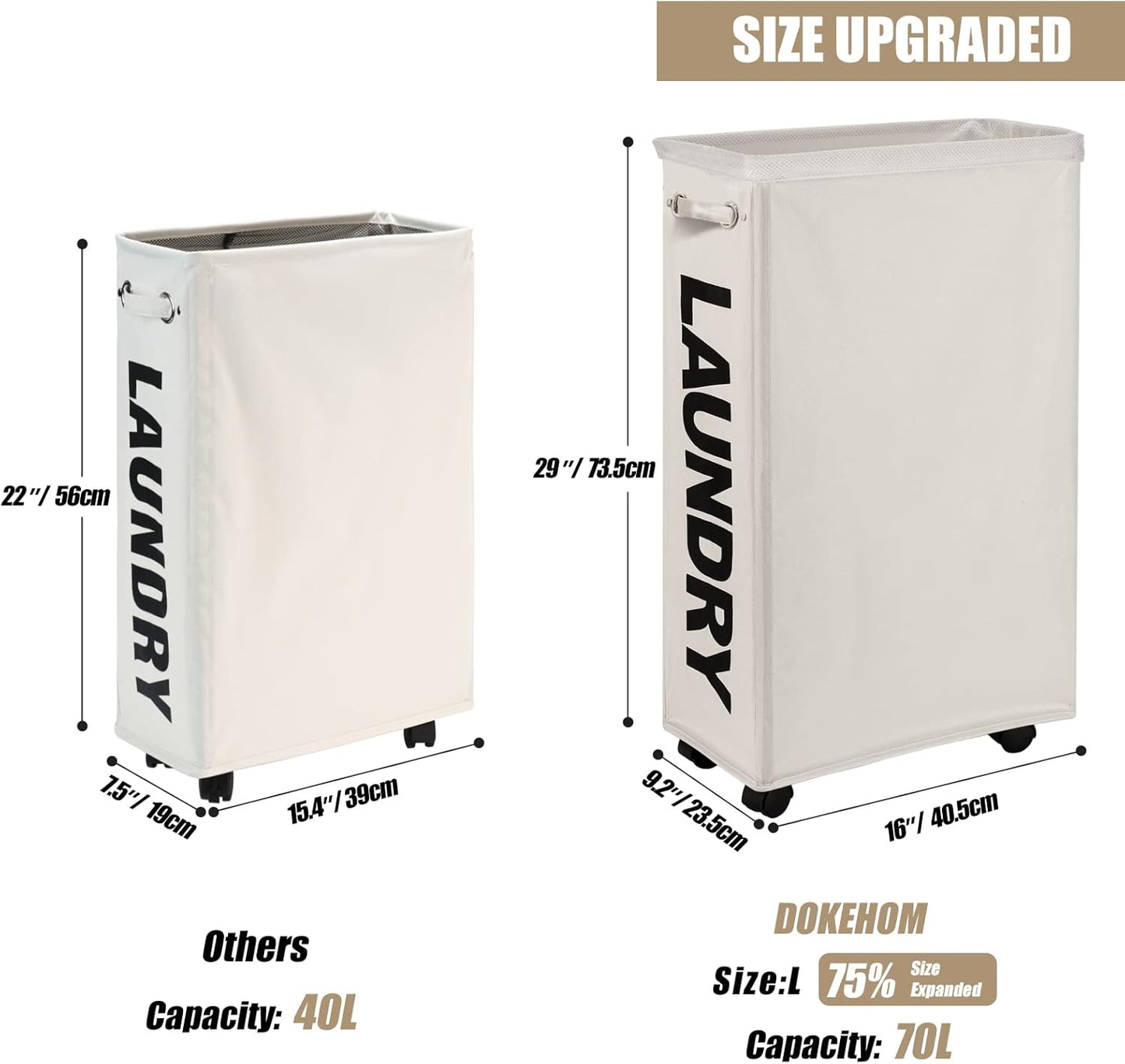 DOKEHOM 29-Inches Enlarged Slim Laundry Basket with Removable Wash Bag on Wheels, Collapsible