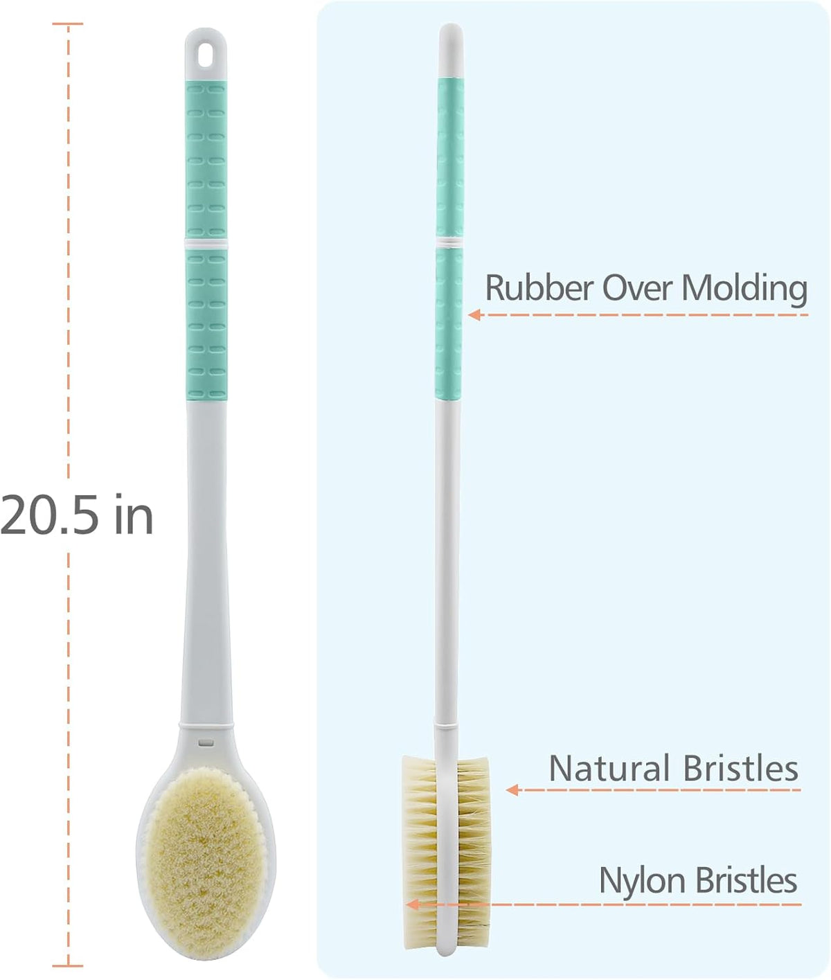 Shower Brush with Soft and Stiff Bristles,Long Handle Dual-Sided Back Scrubber Bath Brush Body