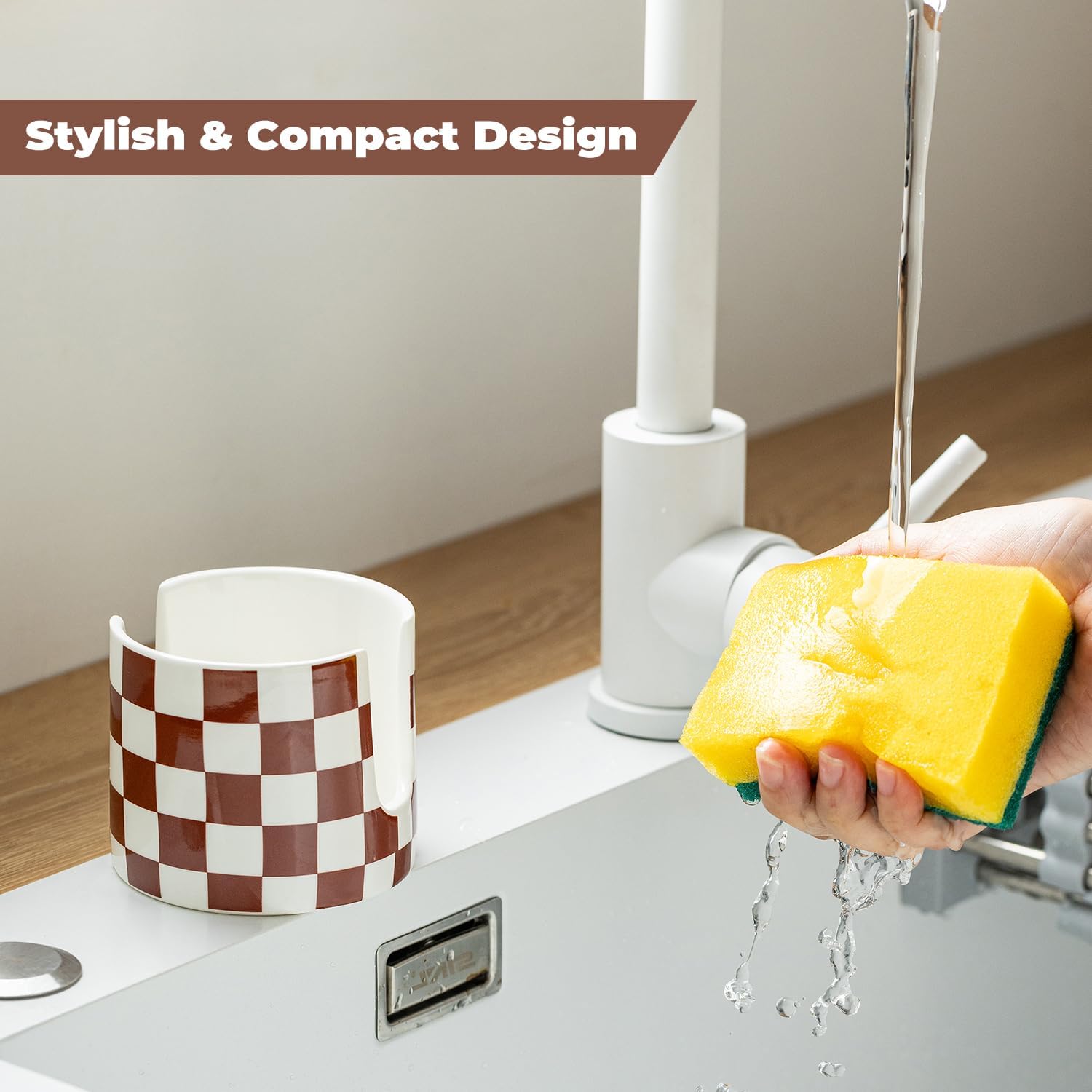 Checkered Sponge Holder for Kitchen Sink, Ceramic Dish Sponge Drying Caddy Scrubby Holder Kitchen