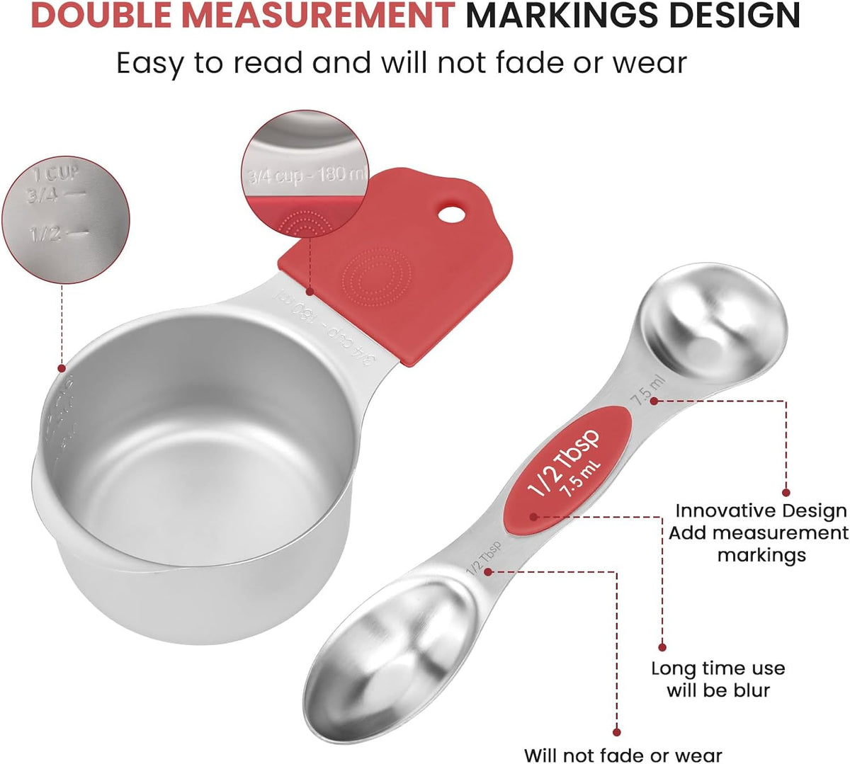 Magnetic Measuring Cups and Spoons Set-Heavy Duty 304 Stainless Steel，Double Measurement