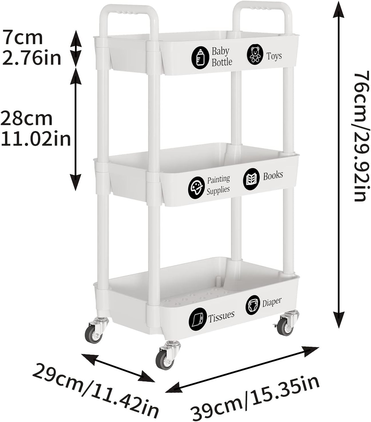 Laiensia 3-Tier Rolling Cart with Wheels,Multifunction Utility Storage carts, Kitchen Storage
