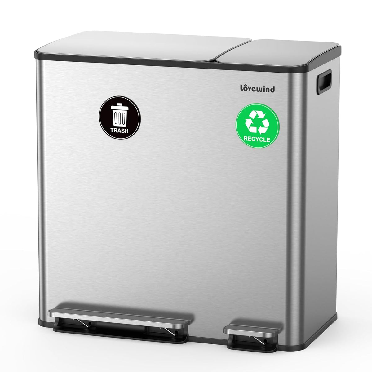 Dual Trash and Recycling Bins for Kitchen, 13.2 + 5.2 Gal (50+20L) Stainless Steel Trash and