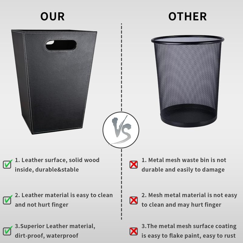 Pu Leather Trash Can for Bedroom, 16L/4.2 Gallon Office Wastebasket with Handles for Near Desk