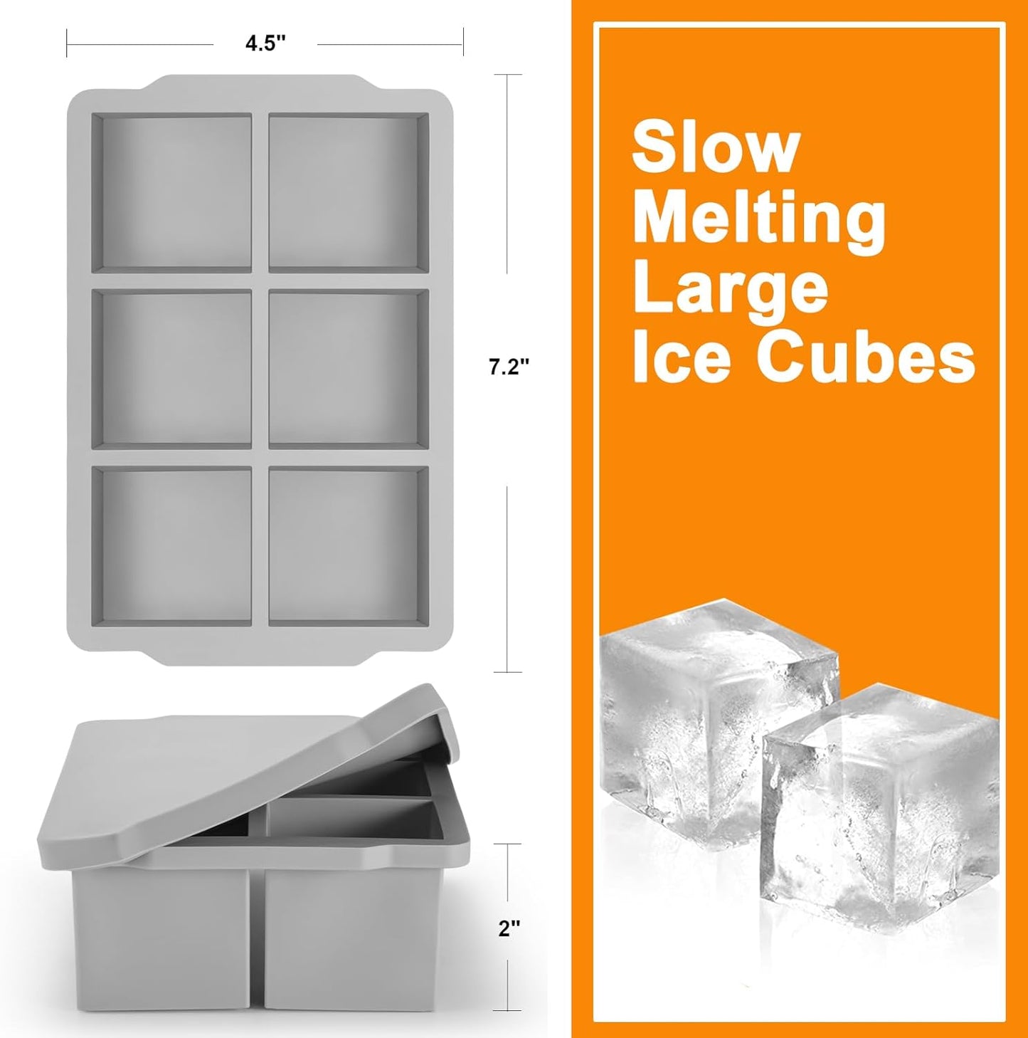 Nax Caki Large Ice Cube Tray with Lid Pack of 2, Stackable Big Silicone Square Ice Cube Mold for