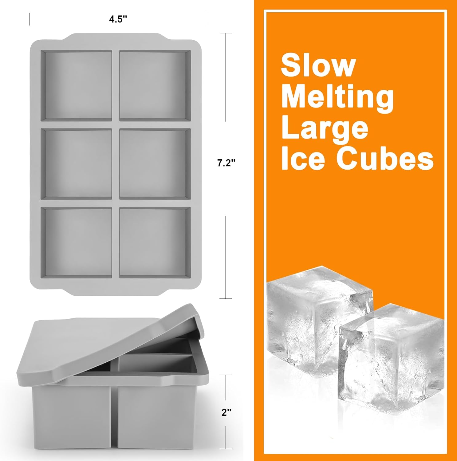 Nax Caki Large Ice Cube Tray with Lid Pack of 2, Stackable Big Silicone Square Ice Cube Mold for